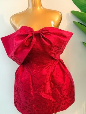 Strapless Red Bow Jacquard Mini Dress